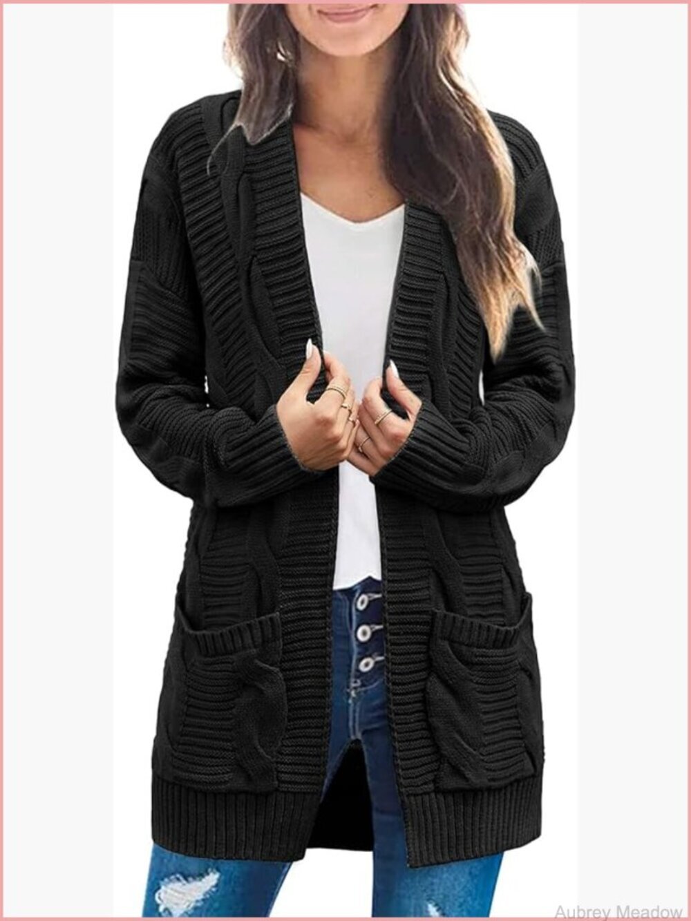 Long Sleeve Cable Knit Cardigan Sweater Open Front Fall Outerwear Coat Pockets
